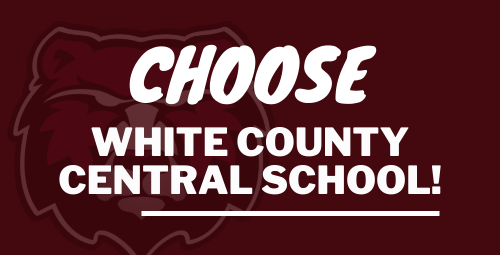 Alt-text will be: On maroon background, white text reading: Choose white county central school!