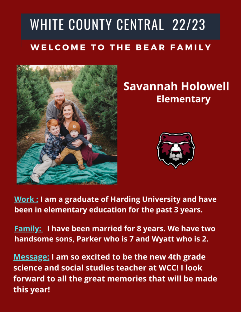 Welcome Mrs. Savannah Holowell to the WCC Bear family!!!!