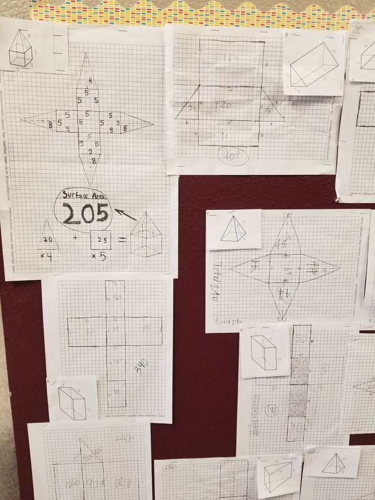 Mrs. Cude's 6th grade Math students learned how to represent three-dimensional figures using nets made up of rectangles and triangles and then use the nets to find the surface area of these figures.