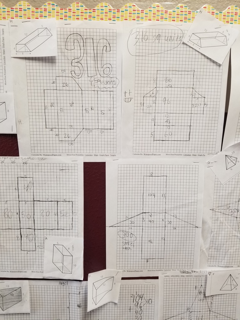 Mrs. Cude's 6th grade Math students learned how to represent three-dimensional figures using nets made up of rectangles and triangles and then use the nets to find the surface area of these figures.